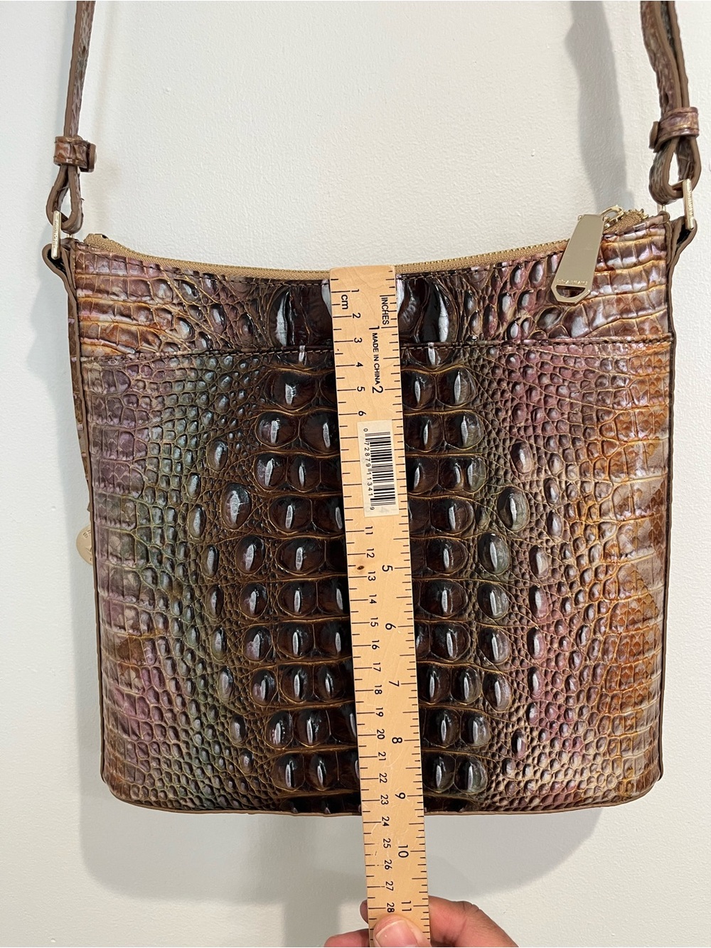 Brahmin Brown & Green Iridescent Croc-Embossed Leather Crossbody Katie‎ Bag - Picture 9 of 14